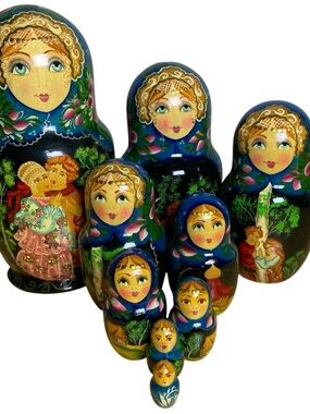 Matryoshka Nesting Dolls Wooden Hand Painted Set of 9 Blue Fairytale Signed